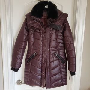 Maroon Coat with black faux fur on collar